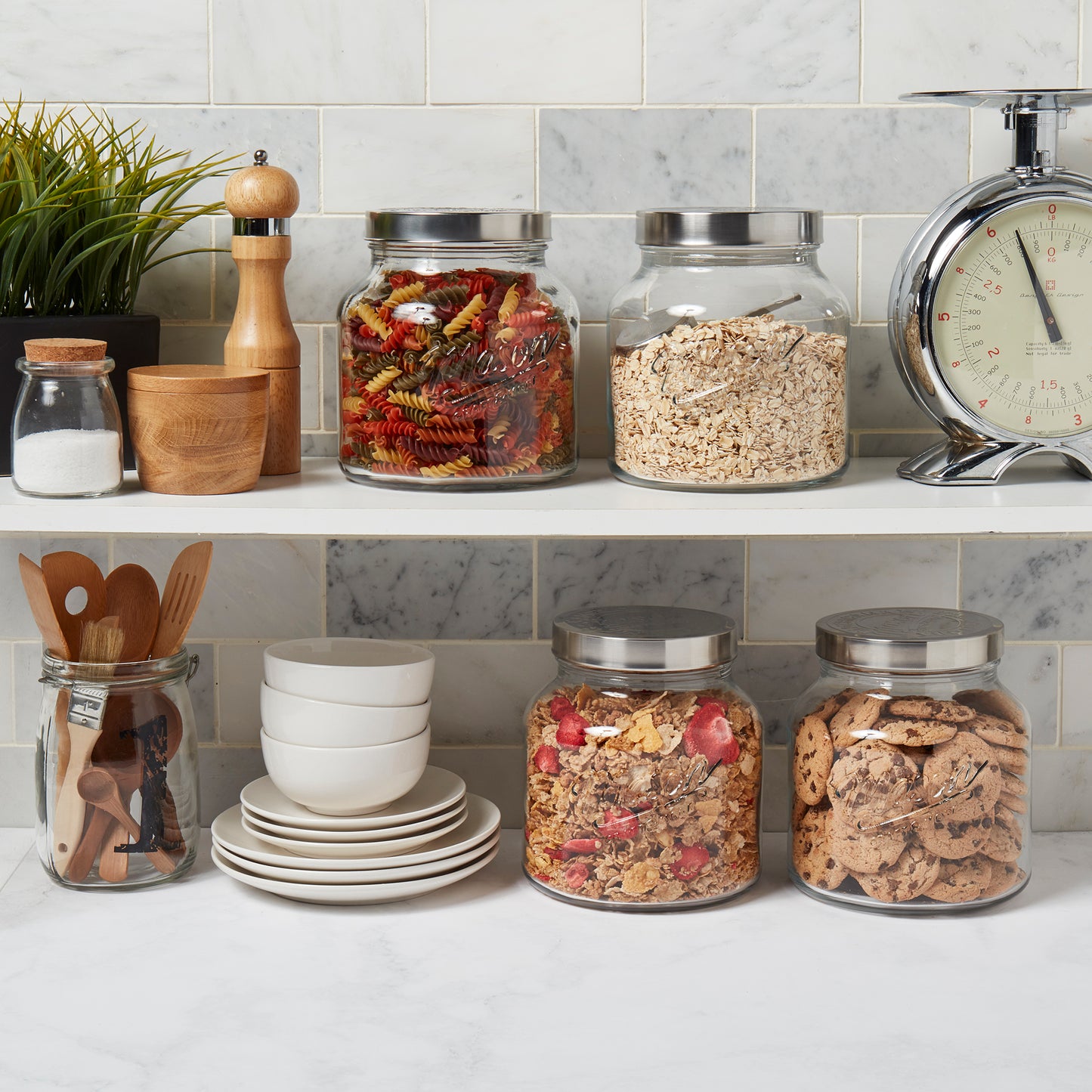 4-Piece Large Glass Canister Set with Pop Up Lids, 2.2 Liter