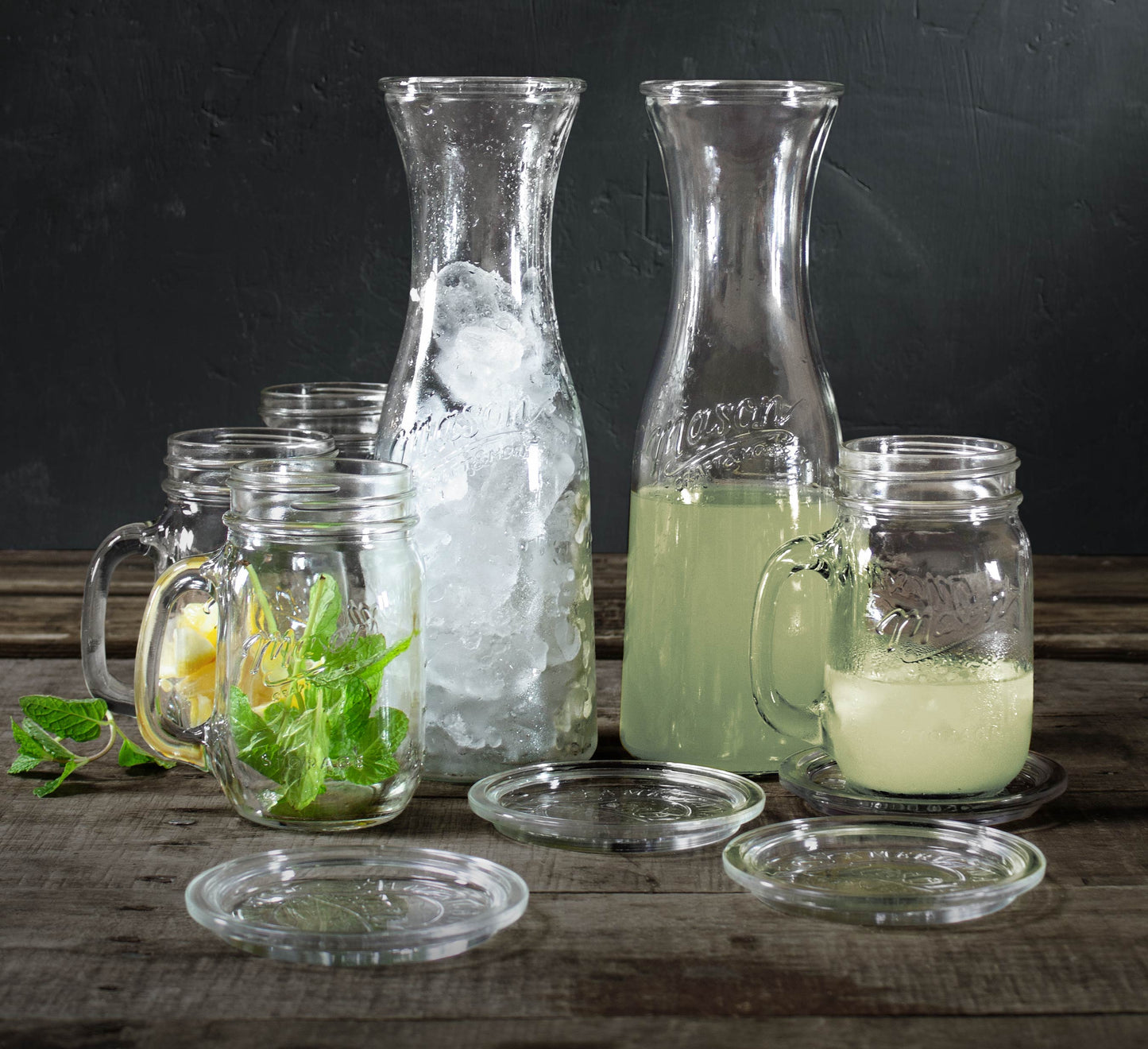 10-Piece Glass Drinkware Set with Carafes, Jars, and Coasters