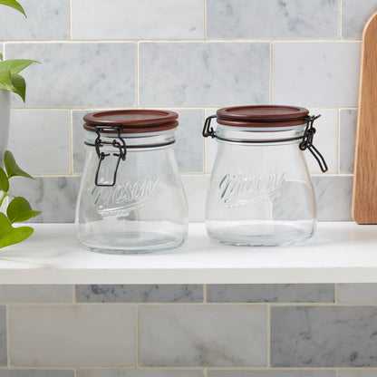2-Piece Airtight Glass Clamp Jar Set with Acacia Wood Lids, 0.87 Liter