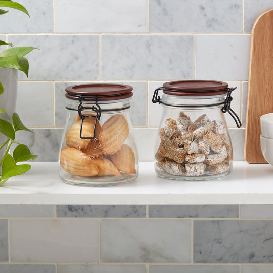 2-Piece Airtight Glass Clamp Jar Set with Acacia Wood Lids, 0.87 Liter