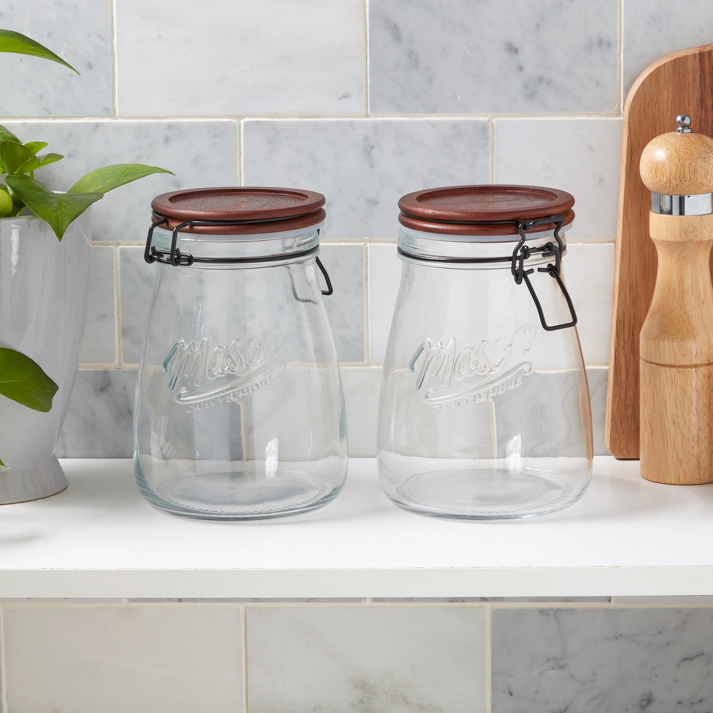 2-Piece Airtight Glass Clamp Jar Set with Acacia Wood Lids, 1.27 Liter