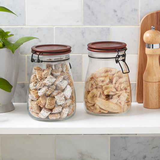2-Piece Airtight Glass Clamp Jar Set with Acacia Wood Lids, 1.27 Liter